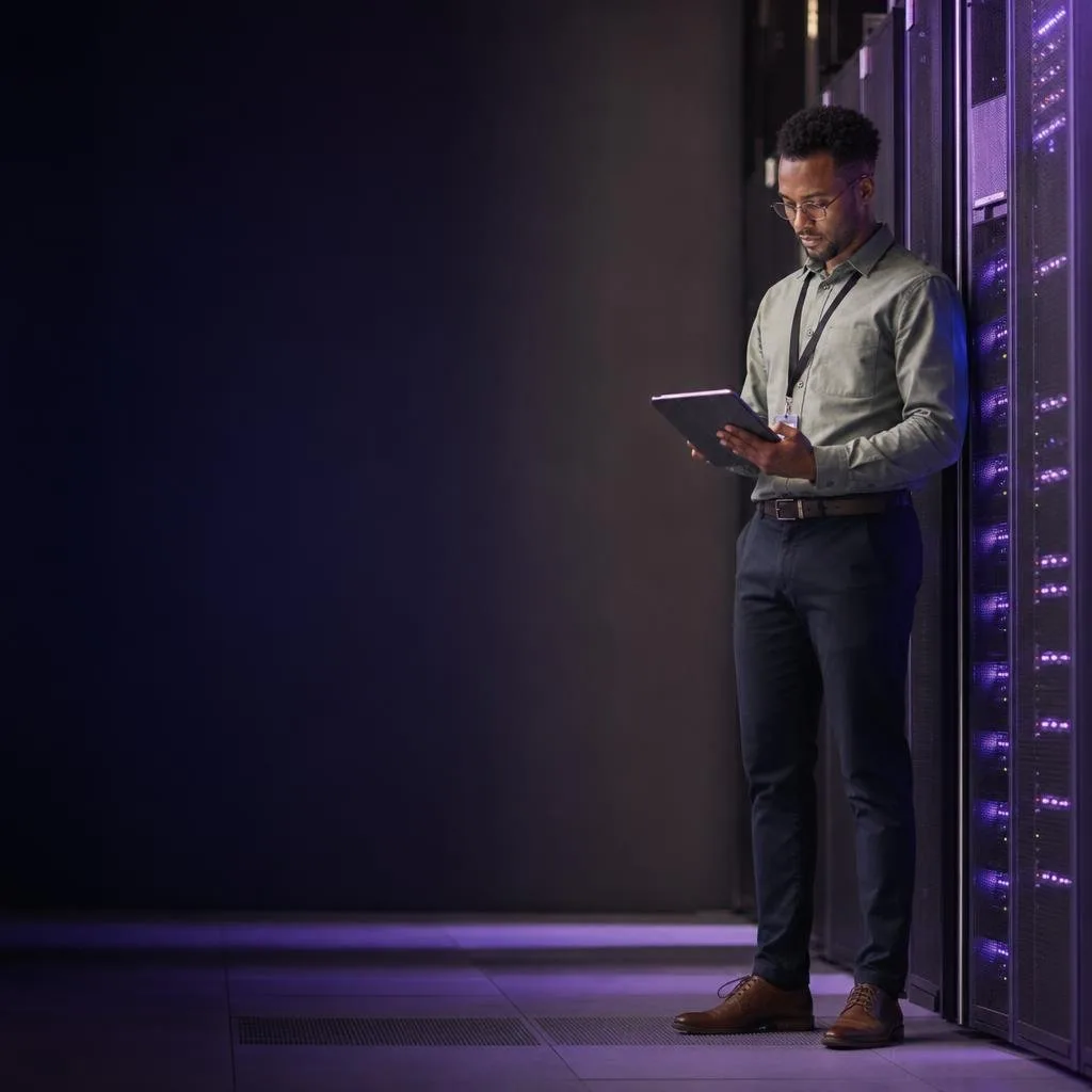 Secure data center with soft violet lighting